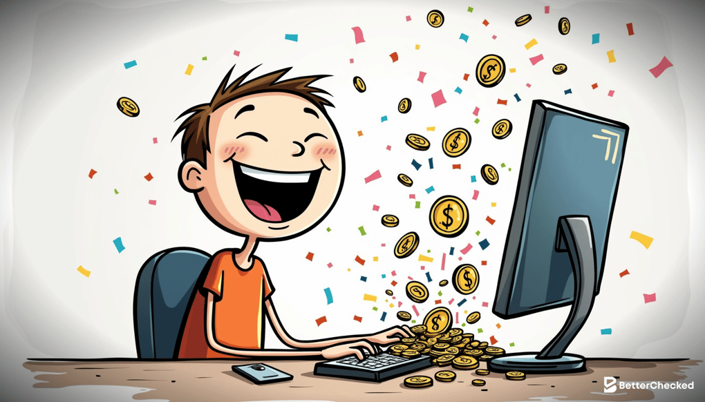 A SIMPLE DRAWING OF A PERSON SITTING AT A COMPUTER, SMILING AS THEY EASILY NAVIGATE A CRYPTO CASINO INTERFACE, WITH A HUMOROUS TOUCH SHOWING COINS SPILLING OUT OF THE SCREEN AS THEY HIT A JACKPOT