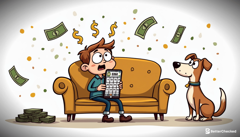 A SIMPLE DRAWING OF A PERSON SITTING ON A COUCH, EXCITEDLY WINNING MONEY WHILE PLAYING BINGO ON THEIR PHONE, WITH A HUMOROUS TOUCH LIKE DOLLAR SIGNS IN THEIR EYES AND A PET LOOKING SURPRISED