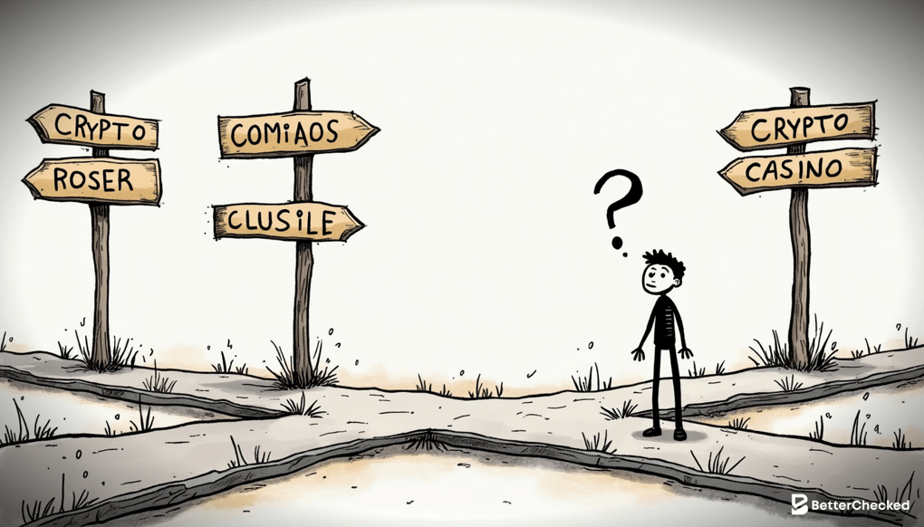 A SIMPLE DRAWING OF A PERSON STANDING AT A CROSSROADS WITH SIGNS POINTING TO DIFFERENT CRYPTO CASINOS, LOOKING CONFUSED BUT DETERMINED, WITH A HUMOROUS CAPTION 