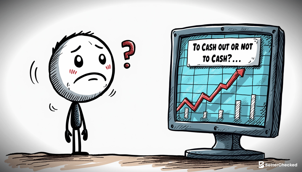 A SIMPLE DRAWING OF A PERSON SWEATING PROFUSELY WHILE STARING AT A COMPUTER SCREEN SHOWING A RAPIDLY INCREASING MULTIPLIER IN A CRASH GAME, WITH A HUMOROUS CAPTION LIKE 