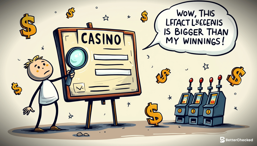 A SIMPLE DRAWING OF A PERSON USING A MAGNIFYING GLASS TO EXAMINE A COMICALLY LARGE CASINO LICENSE, WITH A HUMOROUS EXPRESSION OF SURPRISE