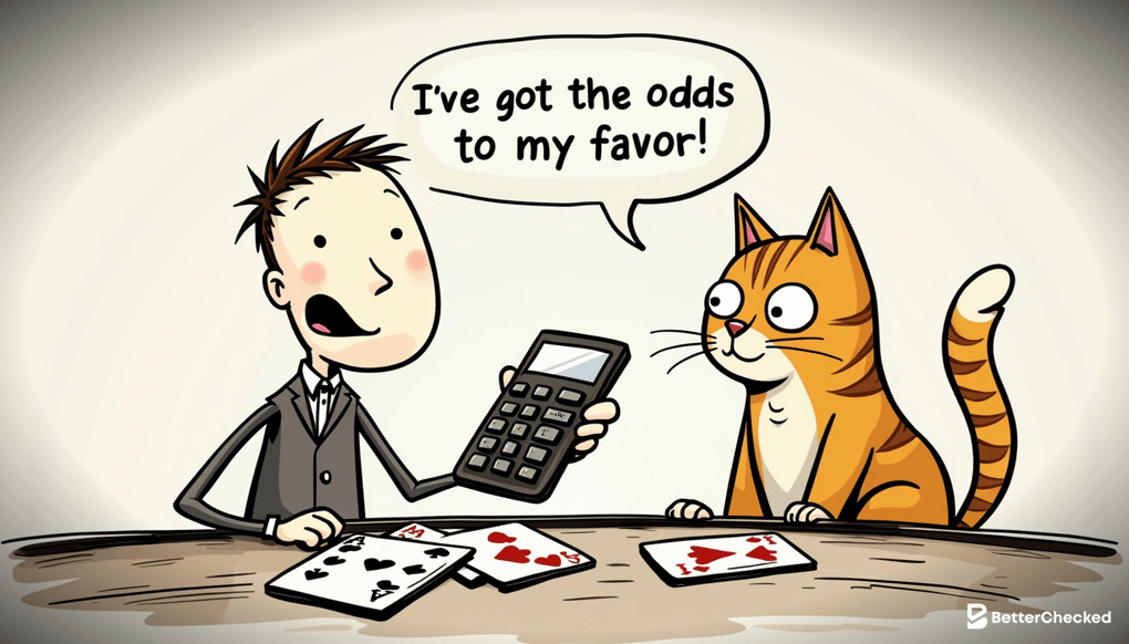 A SIMPLE DRAWING OF A PLAYER AT A POKER TABLE, HOLDING A CALCULATOR IN ONE HAND AND POKER CARDS IN THE OTHER, WITH A THOUGHT BUBBLE SAYING 