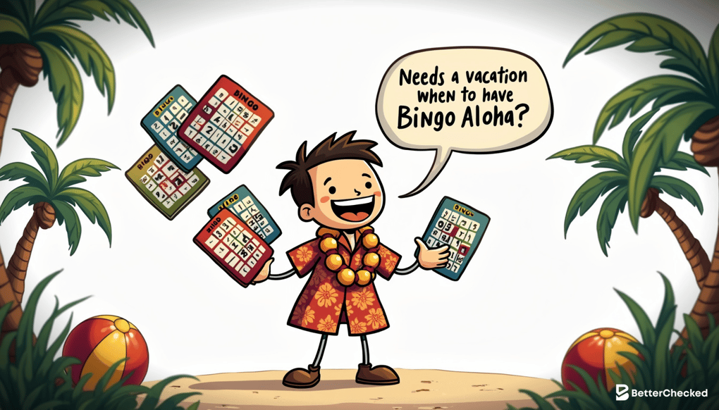 A SIMPLE DRAWING OF A PLAYER JUGGLING MULTIPLE BINGO CARDS WHILE WEARING A HAWAIIAN SHIRT AND LEI, ADDING A TOUCH OF HUMOR