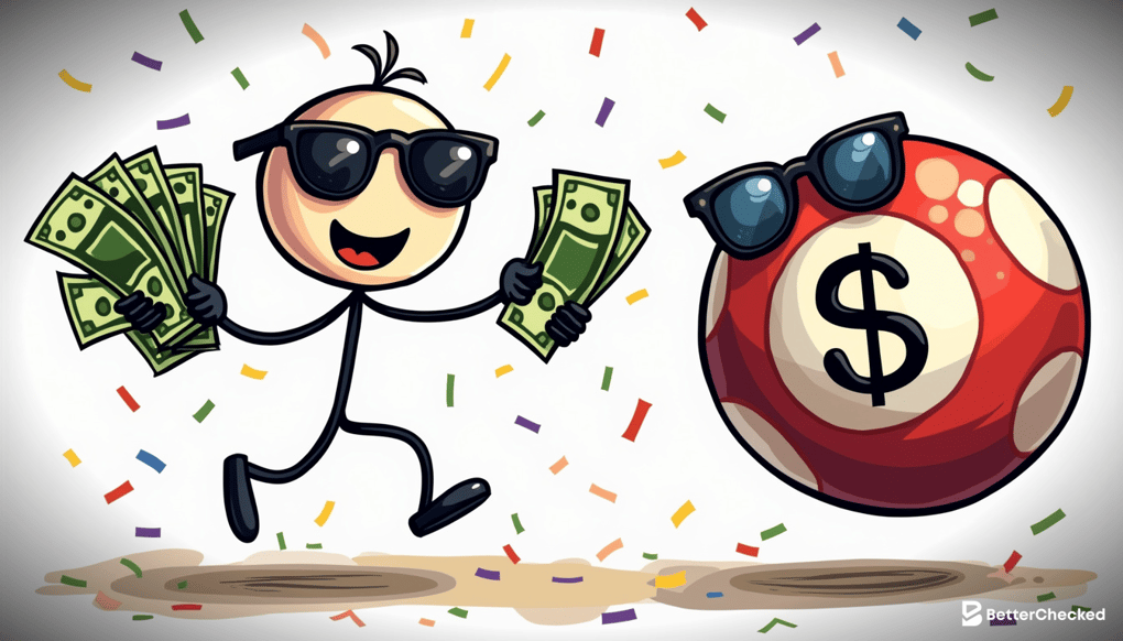 A SIMPLE DRAWING OF A PLAYER JUMPING WITH JOY AFTER WINNING MONEY IN BINGO, WITH A BINGO BALL WEARING SUNGLASSES AND A SMILE, ADDING A HUMOROUS TOUCH