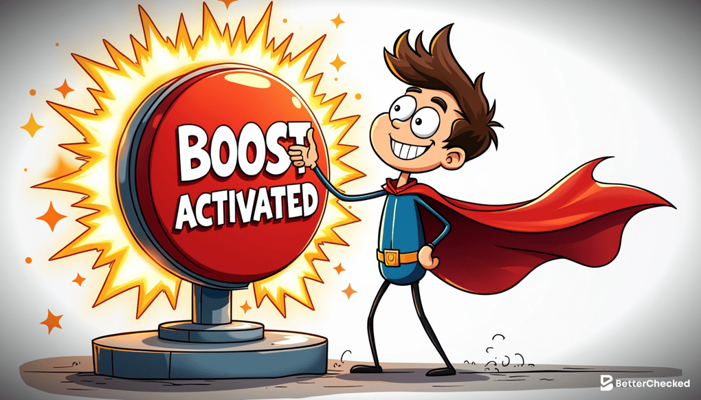 A SIMPLE DRAWING OF A PLAYER STRATEGICALLY USING BOOSTS, WITH A SUPERHERO CAPE AND A 