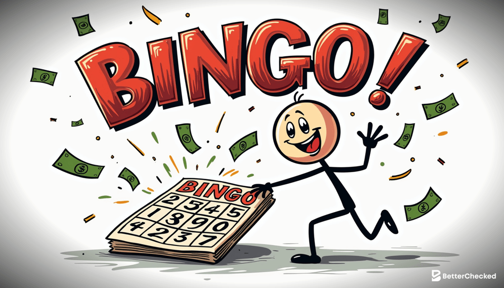 A SIMPLE DRAWING OF A PLAYER WITH A BIG SMILE, ENTHUSIASTICALLY TAPPING NUMBERS ON A BINGO CARD, WITH COMIC-STYLE 