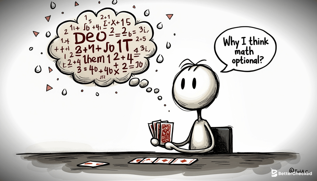 A SIMPLE DRAWING OF A POKER PLAYER AT A TABLE, HOLDING CARDS WITH A THOUGHT BUBBLE SHOWING COMPLEX POKER EQUITY CALCULATIONS, ADDING HUMOR BY SHOWING THE PLAYER SWEATING PROFUSELY AND LOOKING OVERWHELMED