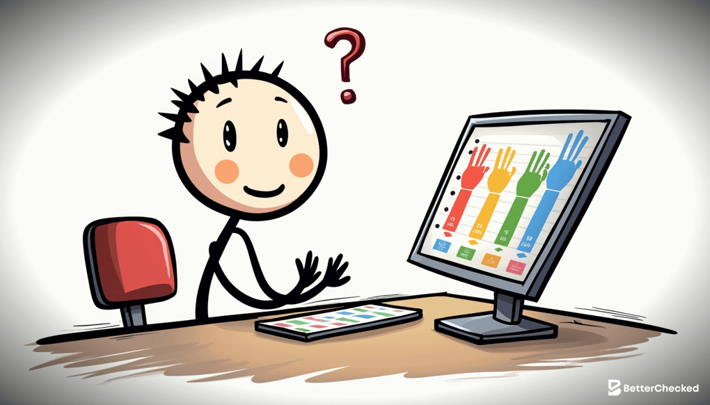 A SIMPLE DRAWING OF A POKER PLAYER SITTING AT A DESK WITH A COMPUTER SCREEN DISPLAYING A COLORFUL HAND MATRIX, LOOKING CURIOUS AND EXCITED, WITH A CAPTION 