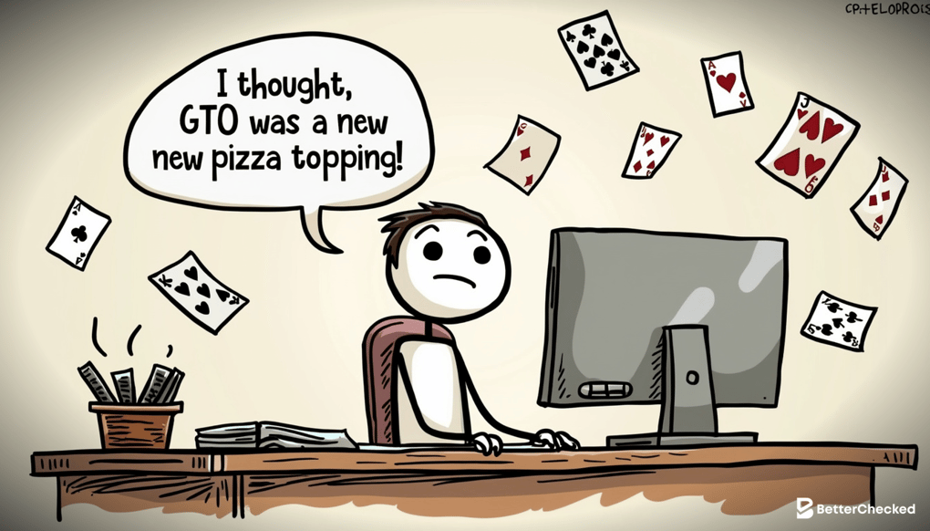 A SIMPLE DRAWING OF A POKER PLAYER SITTING AT A DESK WITH A COMPUTER, SURROUNDED BY FLOATING POKER CARDS AND STRATEGY CHARTS, WITH A HUMOROUS EXPRESSION OF CONCENTRATION