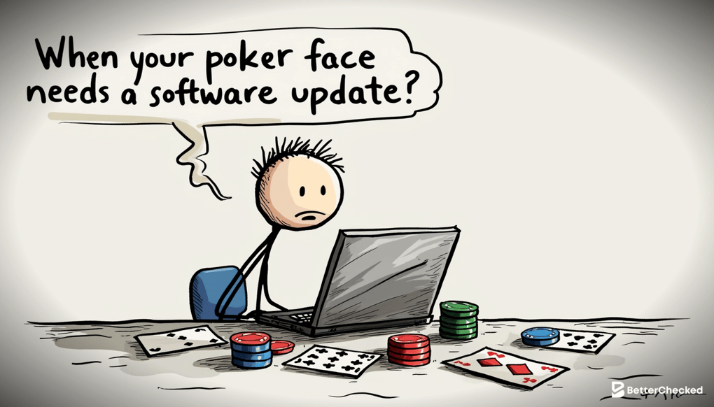 A SIMPLE DRAWING OF A POKER PLAYER SITTING AT A TABLE WITH A COMPUTER, USING GTO TOOLS, WITH A HUMOROUS CAPTION LIKE "WHEN YOUR POKER FACE GETS TECH SUPPORT"