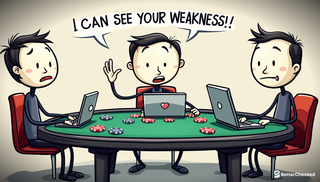 A SIMPLE DRAWING OF A POKER PLAYER SITTING AT A TABLE WITH A RANGE ANALYZER ON A LAPTOP, THINKING 