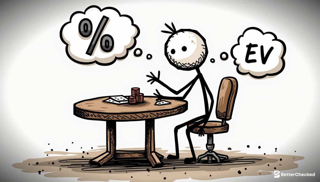 A SIMPLE DRAWING OF A POKER PLAYER SITTING AT A TABLE WITH THOUGHT BUBBLES SHOWING EQUITY AS A PERCENTAGE AND EV AS DOLLAR SIGNS, CAPTIONED 
