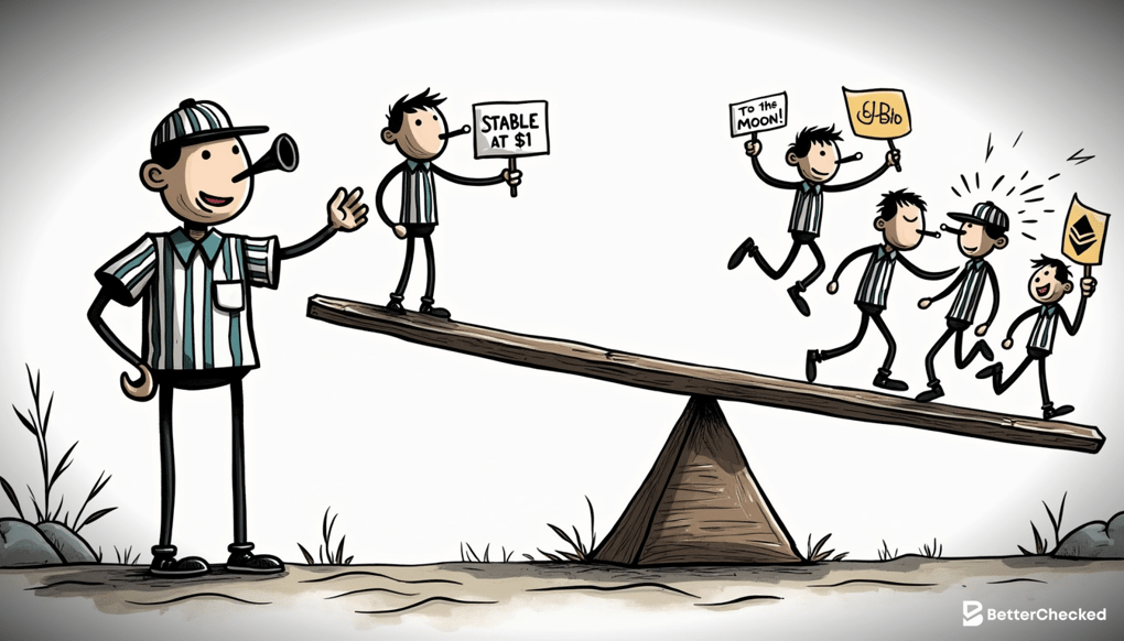 A SIMPLE DRAWING OF A STABLECOIN (USDT) BALANCING ON A SEESAW WITH VOLATILE CRYPTOS (LIKE BITCOIN AND ETHEREUM) ON THE OTHER SIDE, WITH A HUMOROUS TOUCH SHOWING THE STABLECOIN KEEPING EVERYTHING BALANCED AND CALM WHILE THE OTHER SIDE IS CHAOTIC