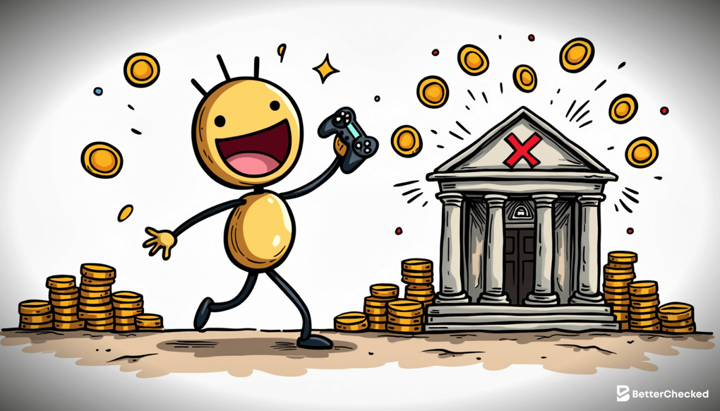 A SIMPLE DRAWING SHOWING A BANK WITH A RED CROSS OVER IT AND A HAPPY CRYPTO WALLET WITH COINS SPILLING OUT, ILLUSTRATING THE BENEFITS OF AVOIDING BANK FEES WITH HUMOR
