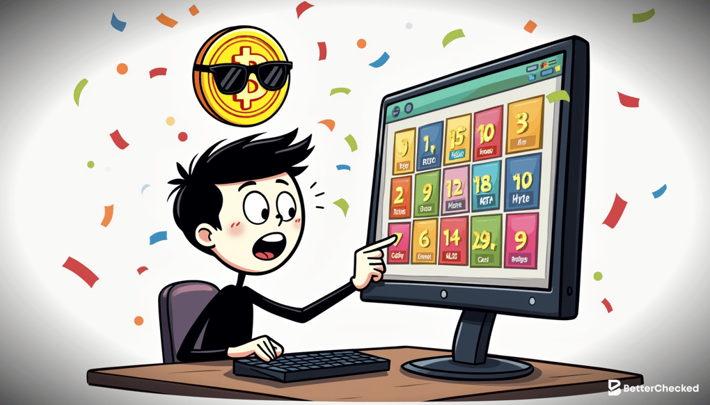 A SIMPLE DRAWING SHOWING A CRYPTO COIN WITH SUNGLASSES CHOOSING A PLINKO SITE ON A COMPUTER SCREEN, WITH A FUNNY CAPTION LIKE 