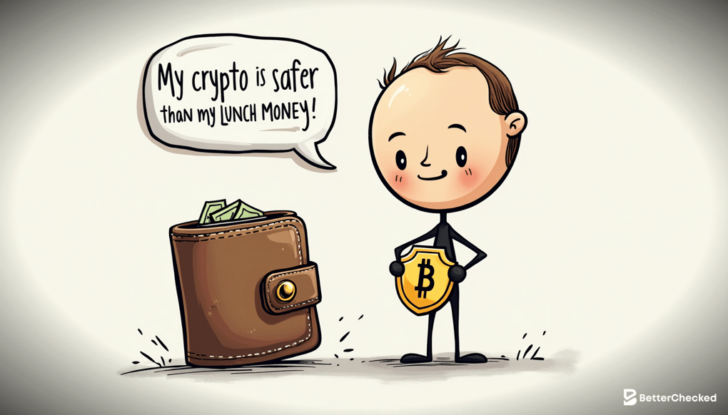 A SIMPLE DRAWING SHOWING A CRYPTO WALLET WITH A LOCK AND A SHIELD, WITH A HUMOROUS CAPTION LIKE 