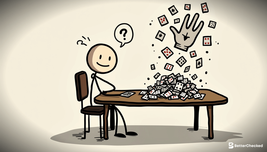 A SIMPLE DRAWING SHOWING A HAND CONVERTER MAGICALLY TRANSFORMING A CONFUSING POKER HAND INTO A CLEAR, READABLE FORMAT WITH A HAPPY POKER PLAYER