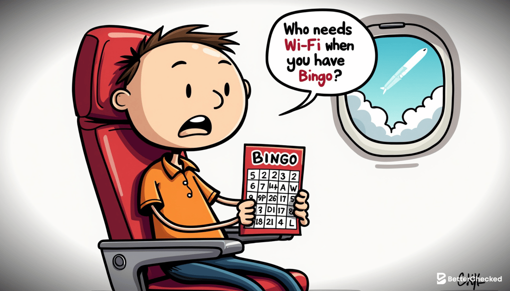 A SIMPLE DRAWING SHOWING A PLAYER ENJOYING BINGO ON A PLANE WITHOUT INTERNET, WITH A FUNNY EXPRESSION OF RELIEF