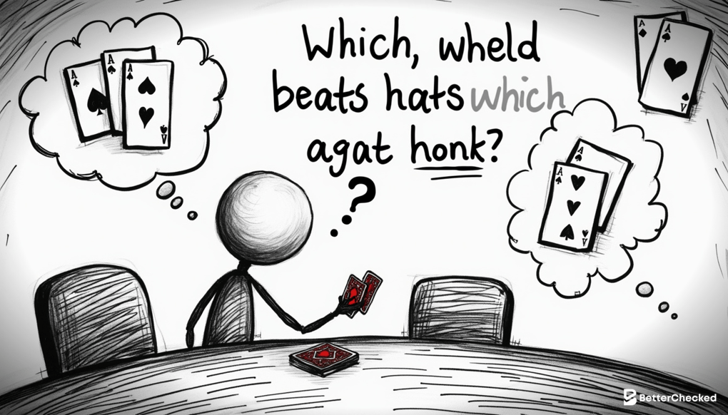 A SIMPLE DRAWING SHOWING A PLAYER HOLDING TWO CARDS WITH A THOUGHT BUBBLE ABOVE THEIR HEAD, CONTAINING VARIOUS POKER HANDS AND A HUMOROUS EXPRESSION OF CONFUSION