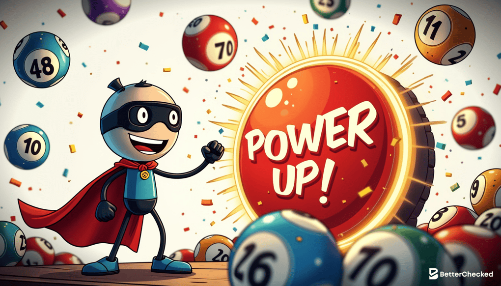 A SIMPLE DRAWING SHOWING A PLAYER USING POWER-UPS IN BINGO WITH A COMICAL TWIST, LIKE WEARING A SUPERHERO CAPE WHILE ACTIVATING A POWER-UP