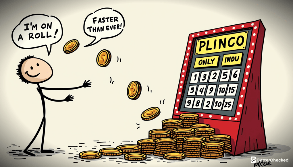 A SIMPLE DRAWING SHOWING A PLINKO BOARD WITH CRYPTO COINS DROPPING IN, WITH ONE COIN SAYING 
