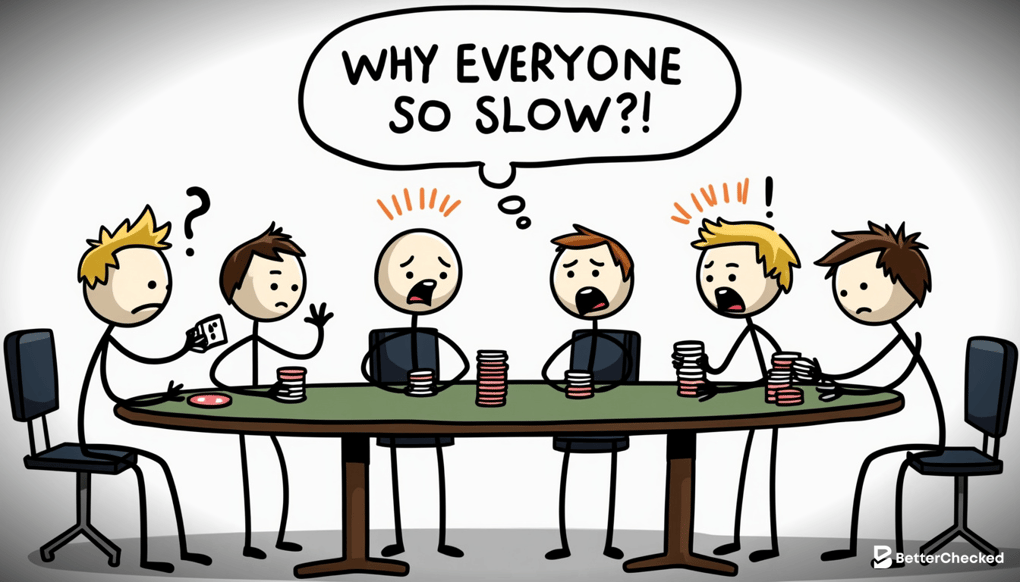 A SIMPLE DRAWING SHOWING A POKER TABLE WITH FEWER PLAYERS ON ONE SIDE PLAYING QUICKLY AND MORE PLAYERS ON THE OTHER SIDE PLAYING SLOWLY, WITH HUMOROUS EXPRESSIONS TO ILLUSTRATE THE DIFFERENCE IN DYNAMICS