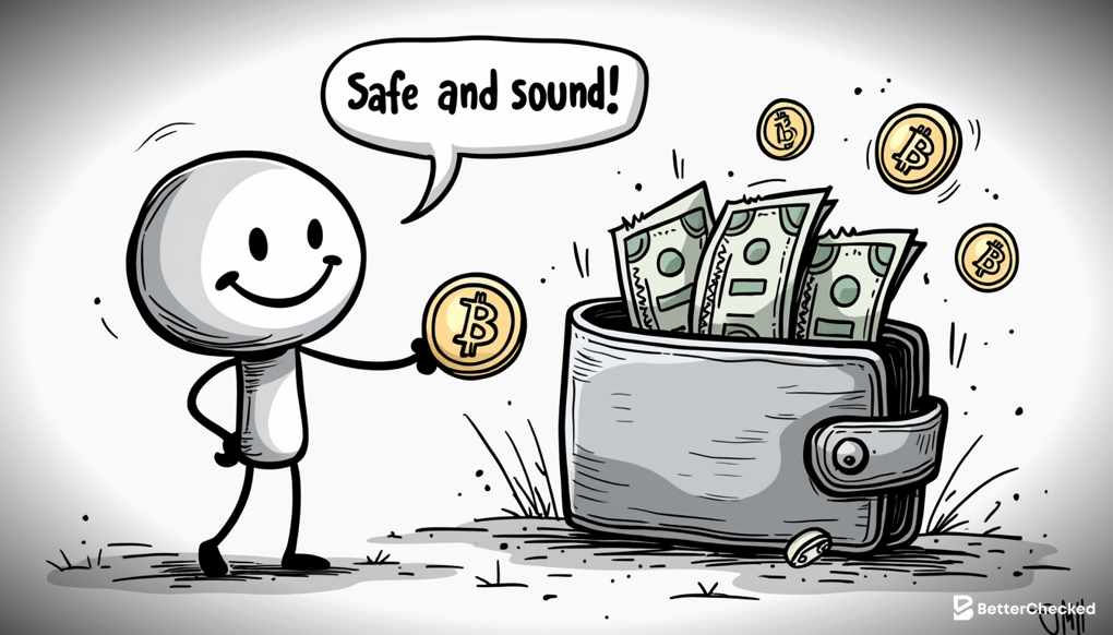 A SIMPLE DRAWING SHOWING A SECURE WALLET WITH BITCOINS BEING DEPOSITED, WITH A LOCK SYMBOL AND A SMILING FACE ON THE WALLET FOR HUMOR