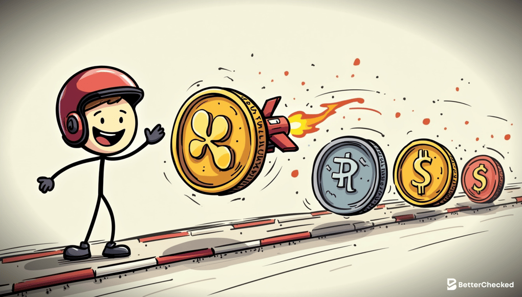 A SIMPLE DRAWING SHOWING RIPPLE COINS RACING AGAINST SLOWER COINS, WITH A HUMOROUS TOUCH OF THE RIPPLE COIN WEARING A JETPACK