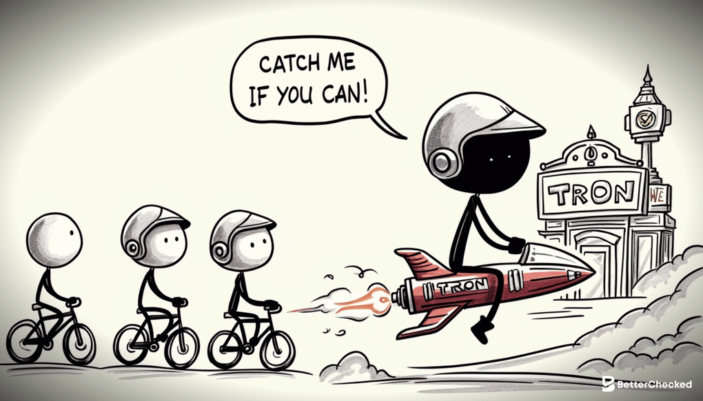 A SIMPLE DRAWING SHOWING TRON AS A SPEEDY ROCKET ZOOMING THROUGH A CASINO, WITH OTHER CRYPTOS AS SLOWER VEHICLES LIKE BICYCLES, ADDING HUMOR TO THE IDEA OF TRON'S SPEED