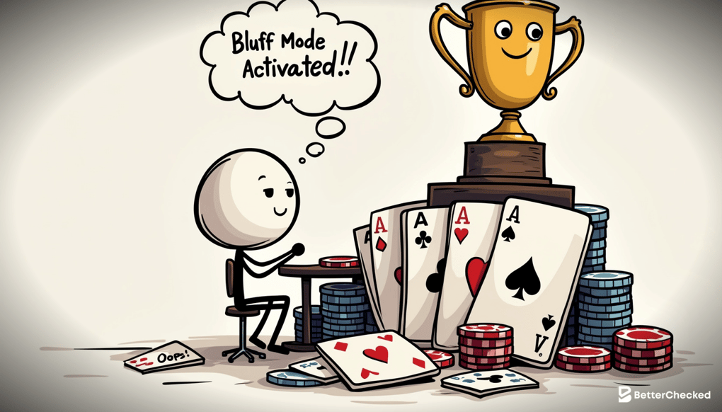 A sketch of a poker player with exaggerated thought bubbles showing cards, chips, and humorous strategic terms like "Bluff Mode Activated"