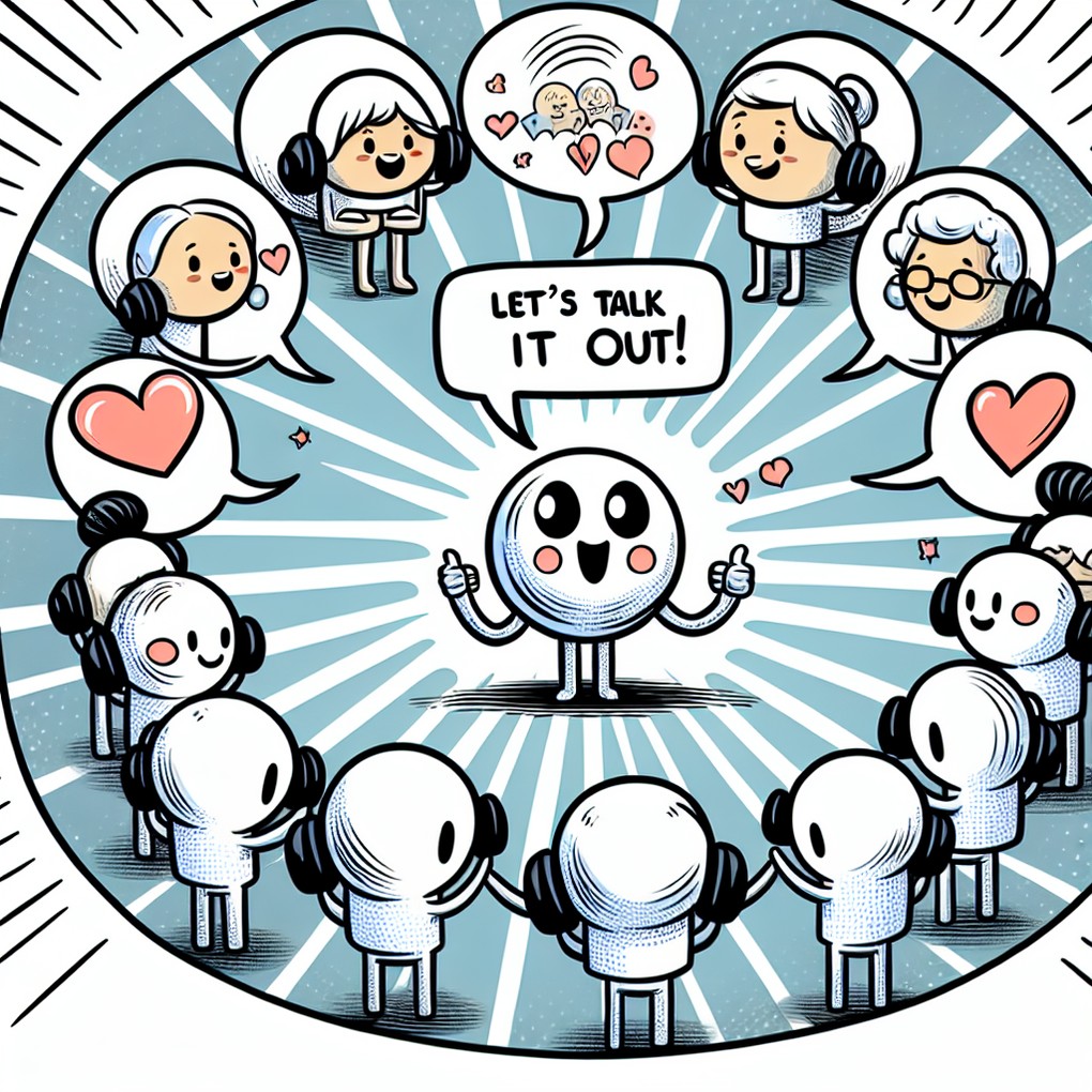 A sketch of seniors in a virtual support group, arguing mental health and sharing support