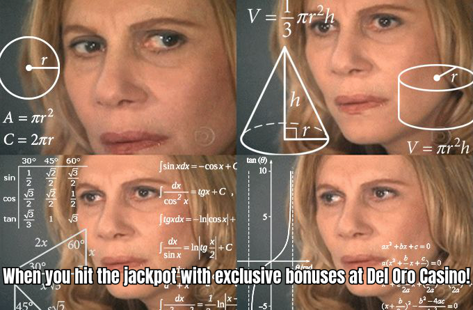ALT TEXT OF A MEME ABOUT THE EXCITEMENT OF RECEIVING EXCLUSIVE BONUSES AT DEL ORO CASINO, FEATURING A PLAYER JUMPING FOR JOY WITH A PILE OF COINS