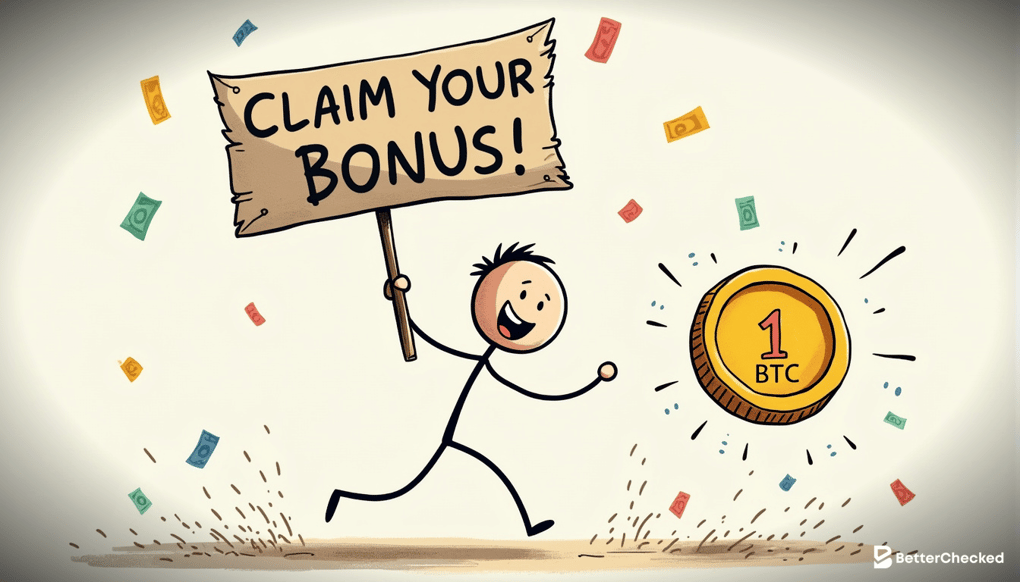 ALT TEXT OF A SIMPLE DRAWING EXPLAINING HOW TO CLAIM A BONUS ON BC.GAME, WITH A HUMOROUS DEPICTION OF A PLAYER RECEIVING A GIANT COIN