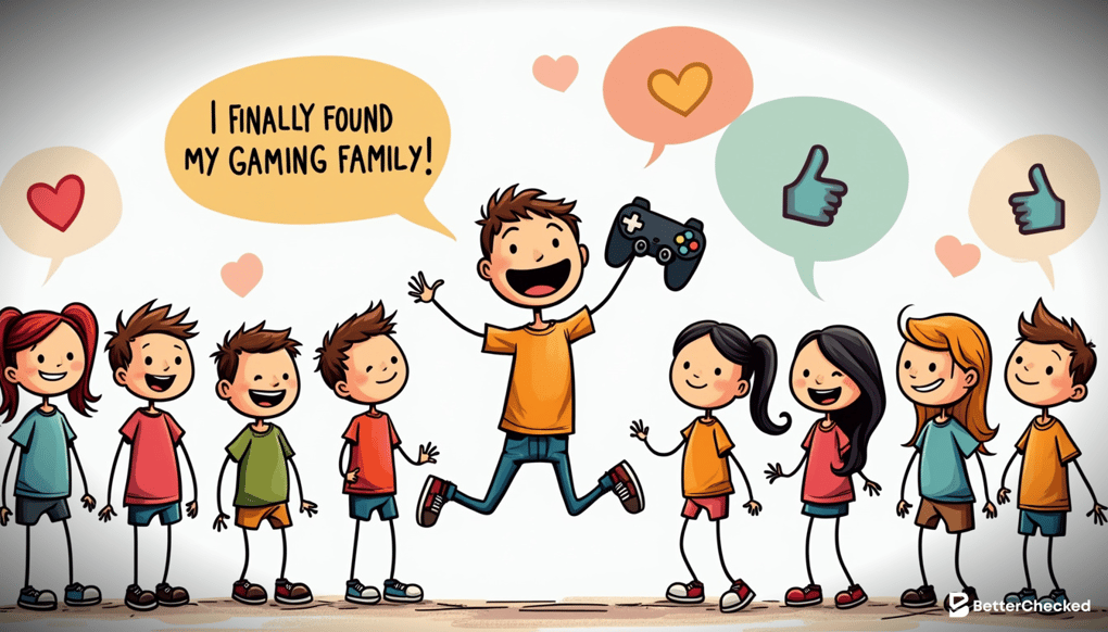 ALT TEXT OF A SIMPLE DRAWING EXPLANING A PROCESS: A humorous sketch illustrating the process of joining a game, interacting with a live host, and feeling part of the community, with playful captions.