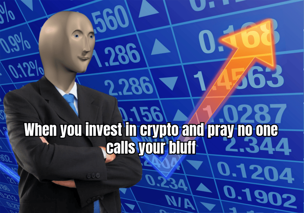 Meme depicting a poker player nervously bluffing with a caption about the thrill of bluffing