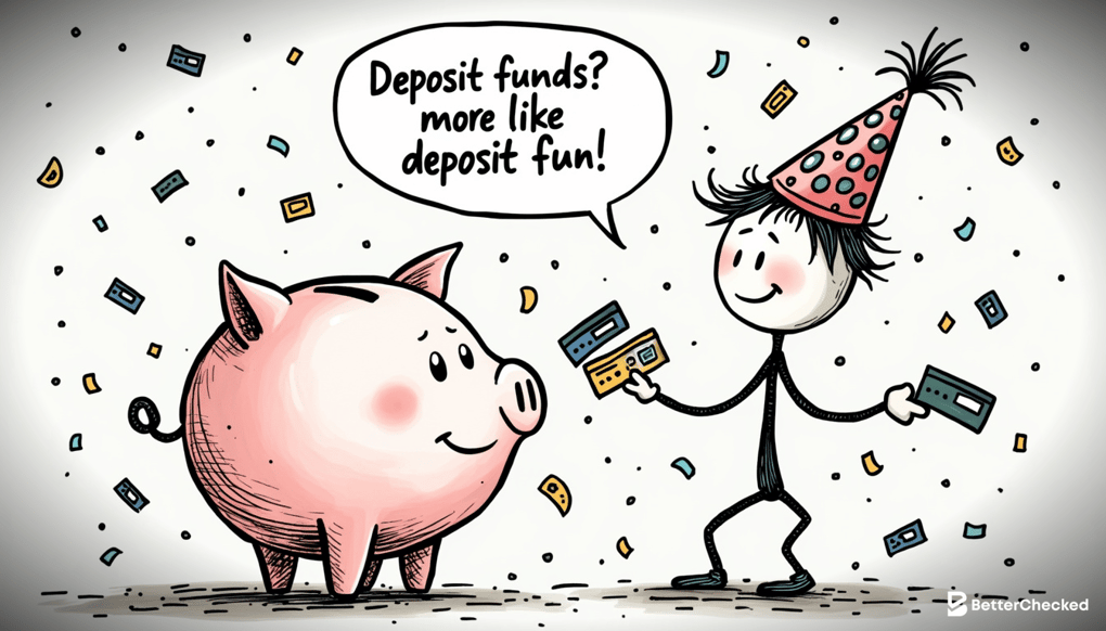 Simple drawing showing the process of depositing funds online with a humorous twist, like a cartoon character juggling credit cards