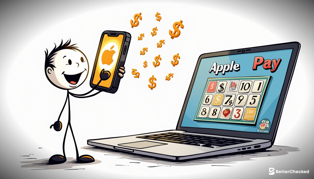 SIMPLE DRAWING SHOWING THE PROCESS OF USING APPLE PAY IN THE GAME WITH A HUMOROUS TOUCH, LIKE A PLAYER HIGH-FIVING THEIR PHONE
